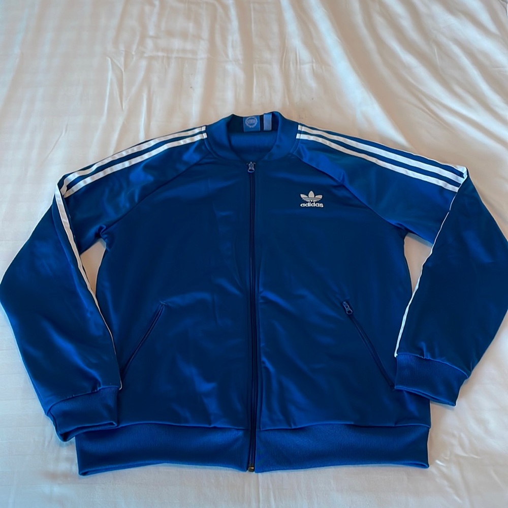 Adidas Original Royal Blue Track Jacket with Stripes and Tre-foil on Back Size L